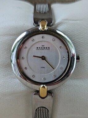 Skagen Denmark Ladies Wristwatch Silver Tone Gold Tone Accent Analog Wrist Watch